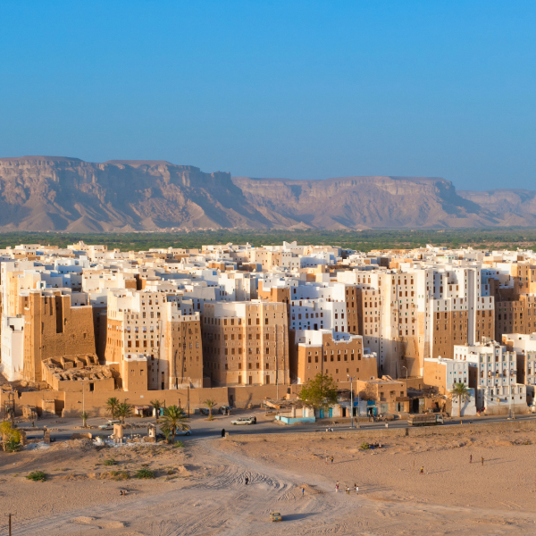 Towering 16th-century mudbrick buildings in Shibam's walled city