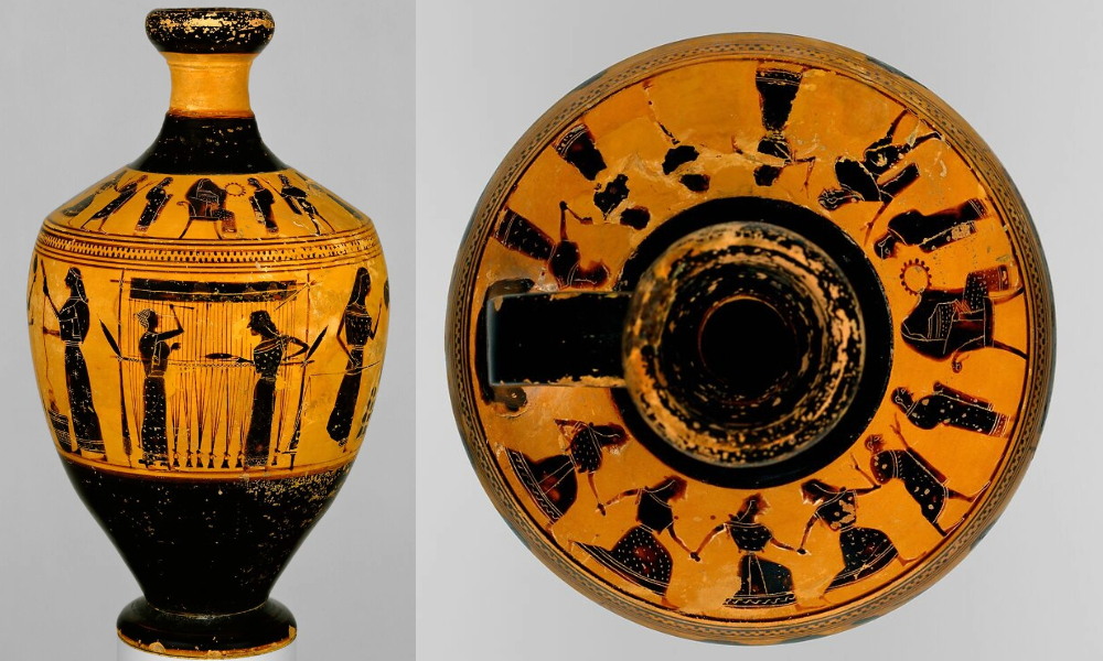 Ancient Greek terracotta lekythos (oil flask) with slender body, narrow neck, and single handle, decorated in red-figure technique showing figures against glossy black background.