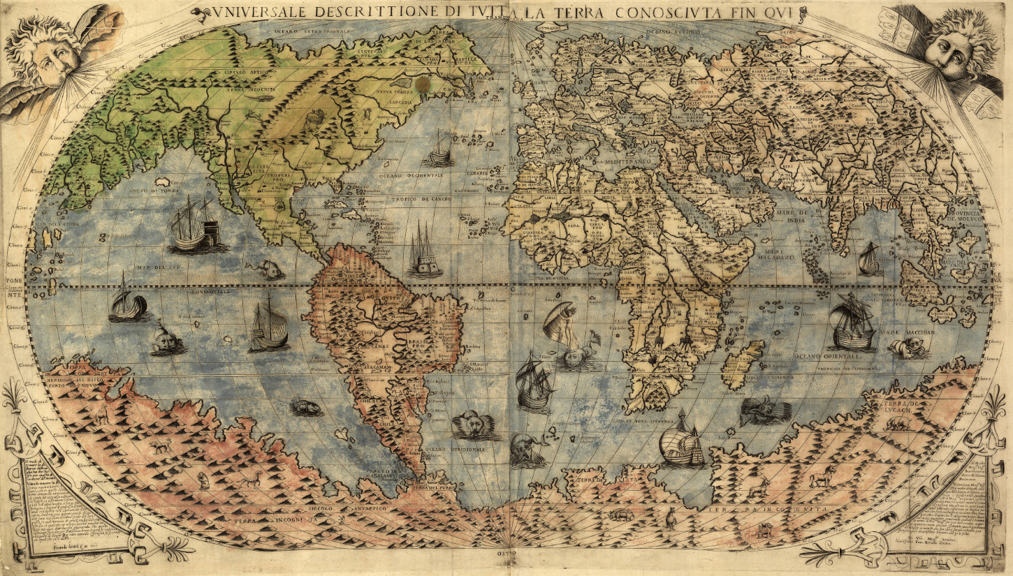 Reproduction of Paolo Forlani's 1565 world map "Universale Descrittione," showing Renaissance-era geography with decorative ships and cherubs of early explorers.