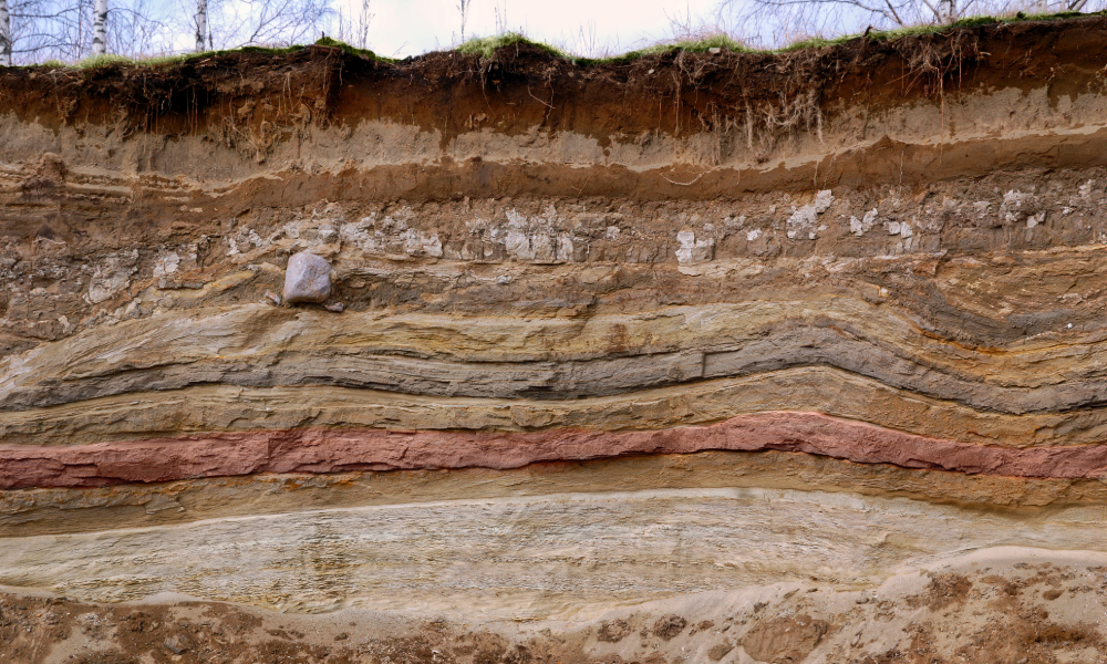 "Close-up cross-section of layered sandstone showing distinct colored strata with varying textures, demonstrating sedimentary deposition over time with visible stratification patterns." Stratigraphy Definition